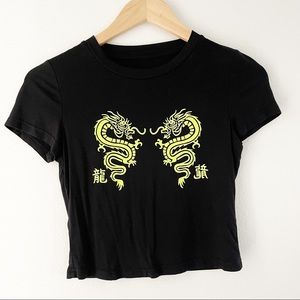 Chinese Dragon Cropped Tee Black Shirt Small